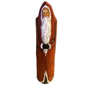 Folk Art Santa Hand Painted on Live Tree Wood Artist Signed 1990 Christmas
